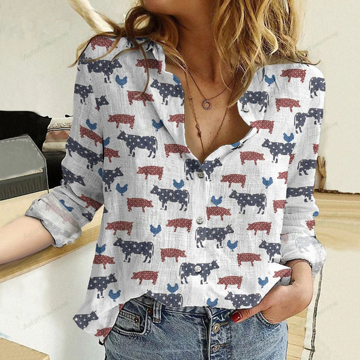 Women's Casual Shirt Patriotic Farm Animals Button Up – Long Sleeve White Blouse