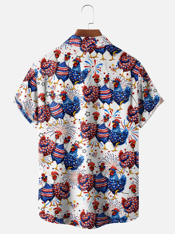 Patriotic Rooster Hawaiian Shirt for Men, 4th of July American Flag Chicken Print, Fireworks Gift