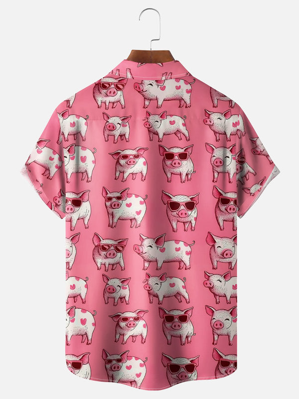 Cute Pig Chest Pocket Casual Hawaiian Shirt
