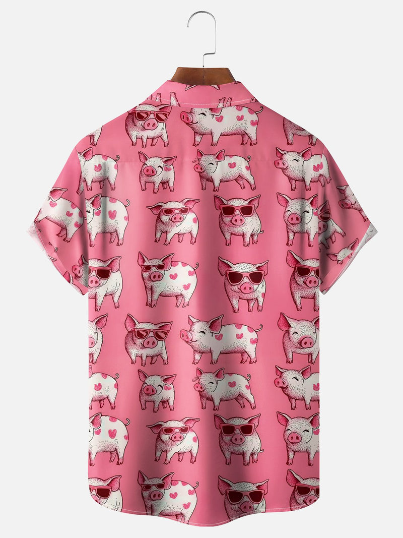 Cute Pig Chest Pocket Casual Hawaiian Shirt