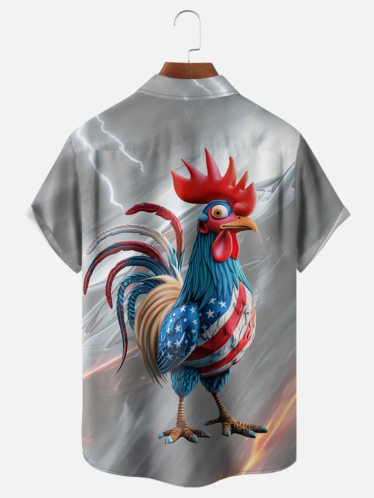 Patriotic Rooster Hawaiian Shirt for Men, 4th of July American Flag Chicken Lightning Print, Storm Gift