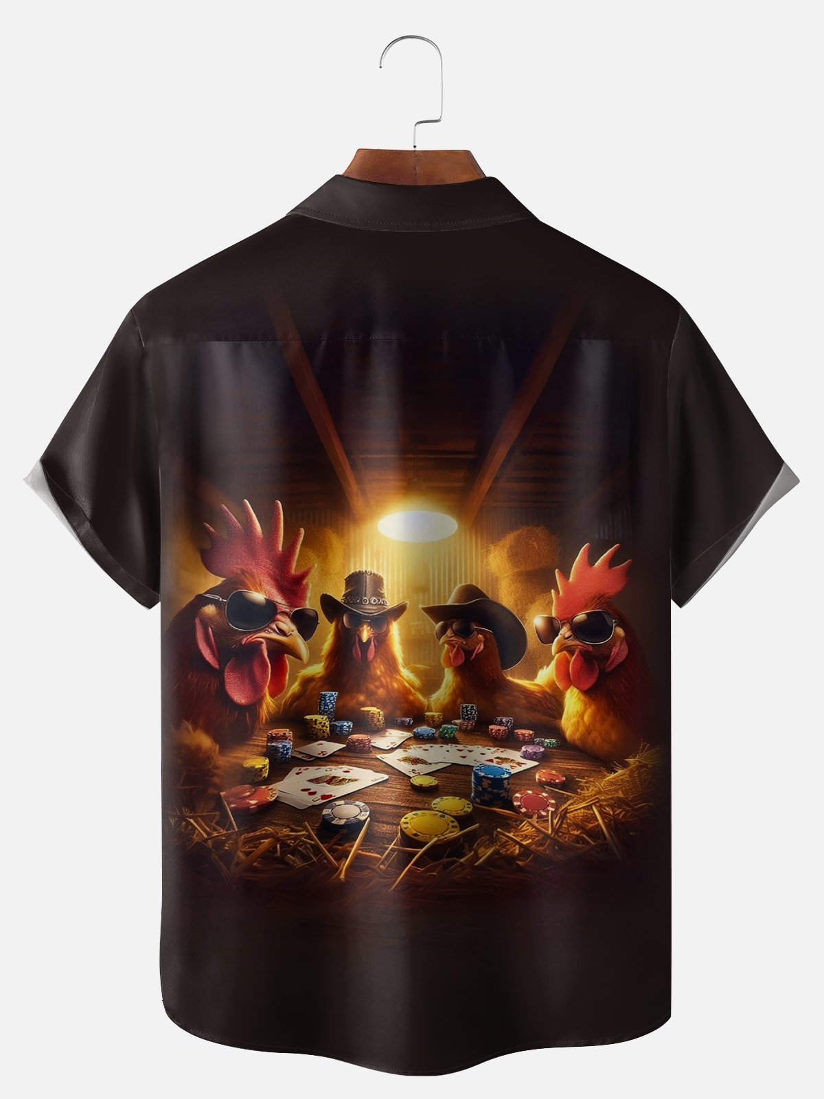Rooster Poker Chip Farm Chest Pocket Casual Hawaiian Shirt