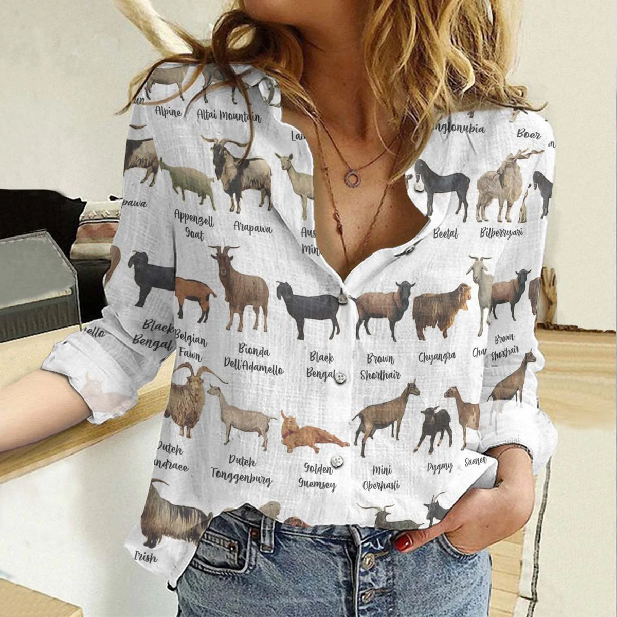Women's Casual Shirt Goat Breeds Print Button Up – Long Sleeve White Blouse
