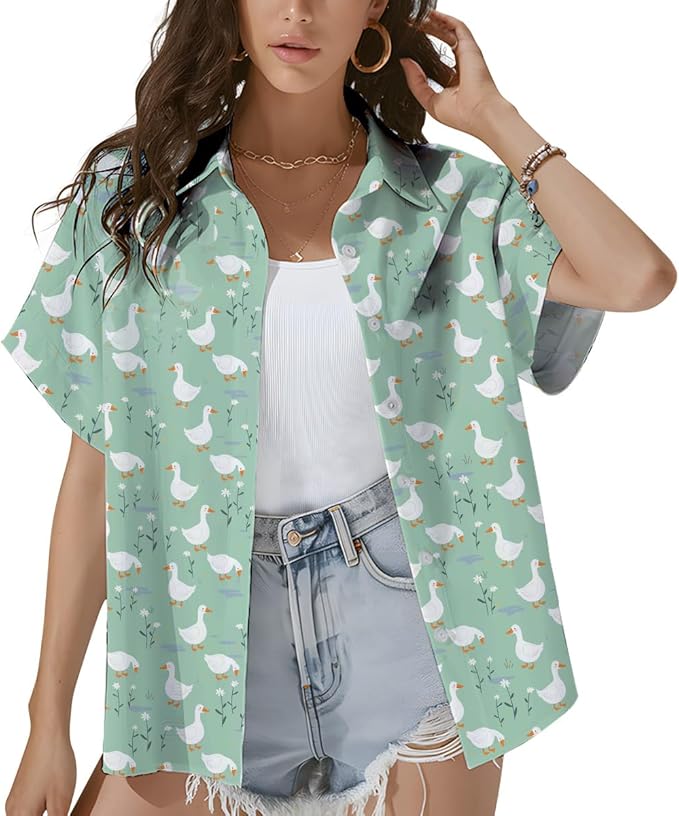Duck Hawaiian Shirt – Cute White Duck Mint Green Daisy Aloha Button Down | Duck Lover Gift Women