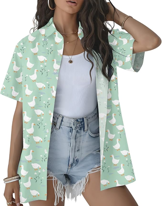 Duck Hawaiian Shirt – Cute White Duck Mint Green Daisy Aloha Button Down | Duck Lover Gift Women