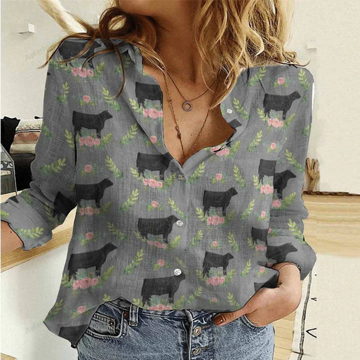 Black Angus Floral Women's Casual Shirt — Gray Rose Cattle Silhouette All-Over Print