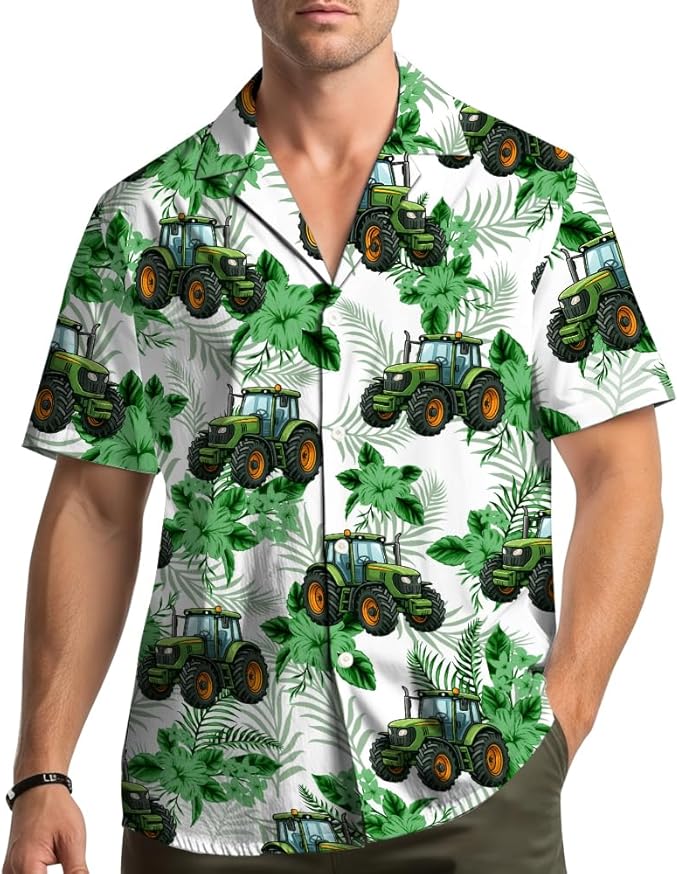 Green Tractor Hawaiian Shirt – Cartoon Farm Tractor Tropical Leaves Aloha Button Down | Farmer Dad Gift