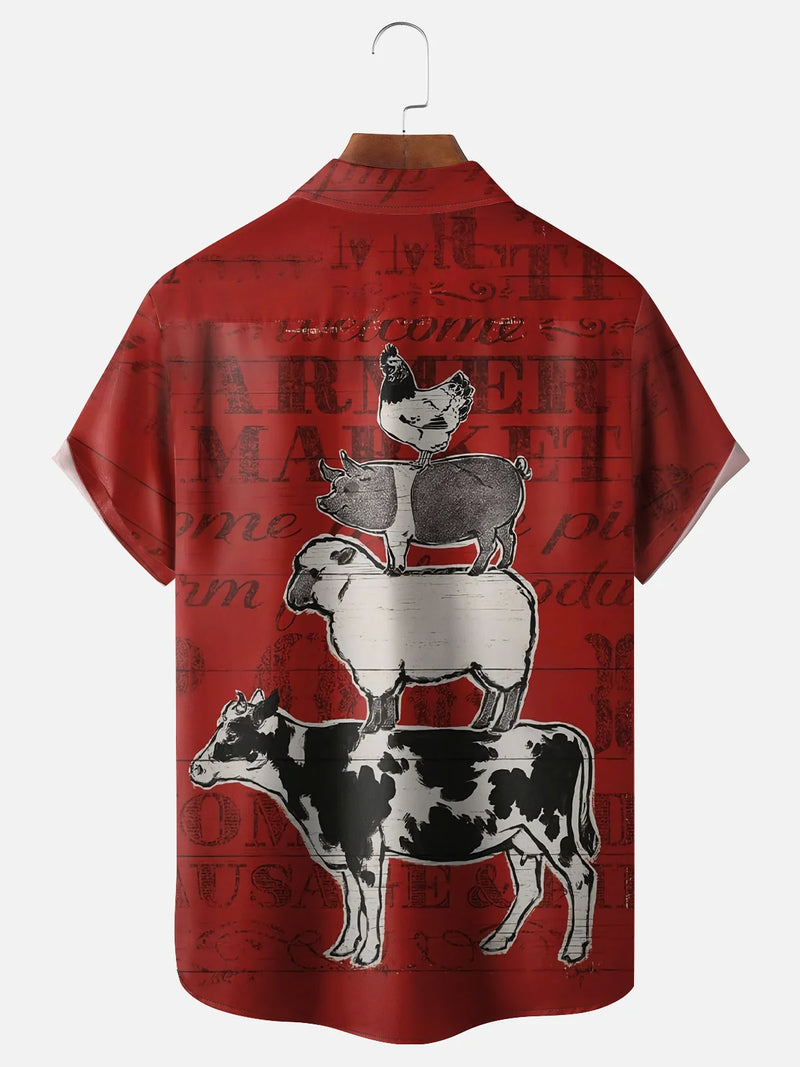 Farm Pig Cow Chicken Chest Pocket Hawaiian Shirt