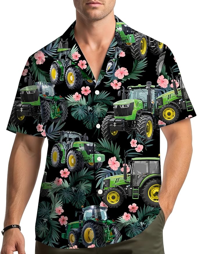 Green Tractor Hawaiian Shirt – Realistic Farm Tractor Black Tropical Hibiscus Aloha | Farmer Dad Gift Men