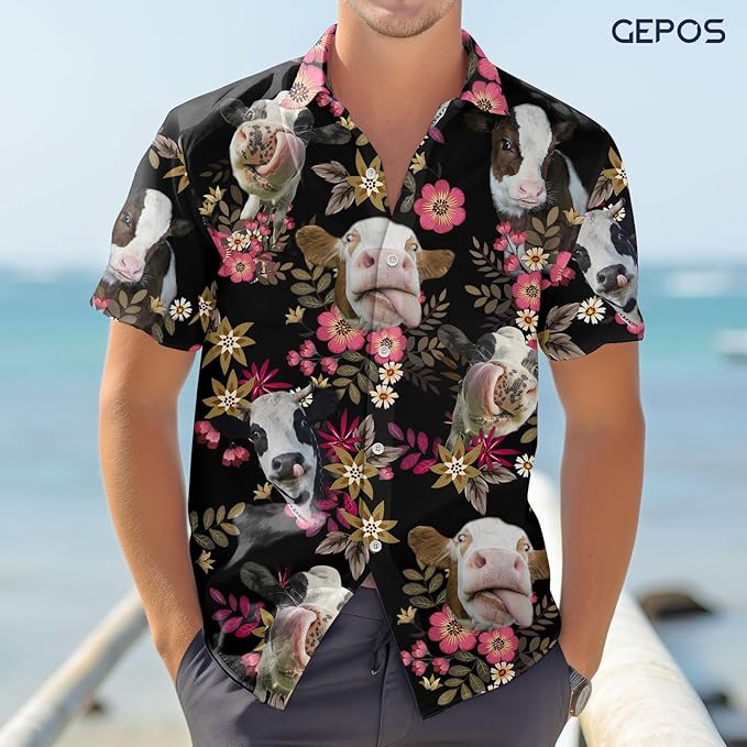 Funny Cow Hawaiian Shirt – Silly Cow Face Floral Black Aloha Button Down | Cow Lover Gift Women