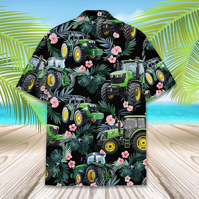 Green Tractor Hawaiian Shirt – Realistic Farm Tractor Black Tropical Hibiscus Aloha | Farmer Dad Gift Men