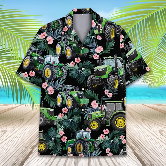 Green Tractor Hawaiian Shirt – Realistic Farm Tractor Black Tropical Hibiscus Aloha | Farmer Dad Gift Men