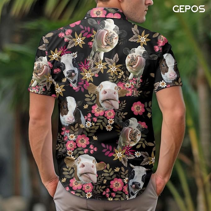 Funny Cow Hawaiian Shirt – Silly Cow Face Floral Black Aloha Button Down | Cow Lover Gift Women