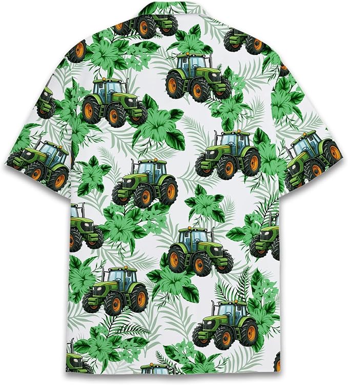 Green Tractor Hawaiian Shirt – Cartoon Farm Tractor Tropical Leaves Aloha Button Down | Farmer Dad Gift
