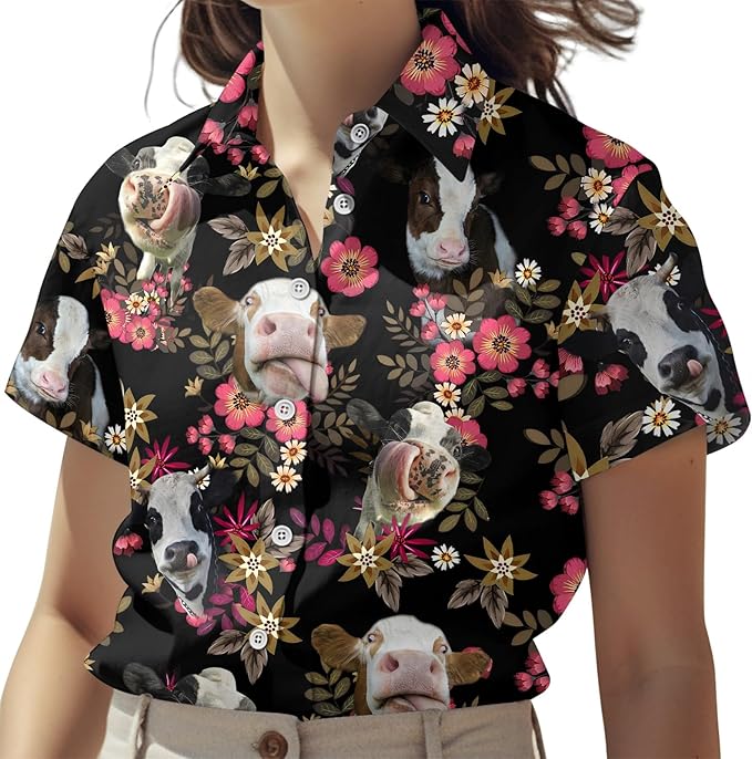 Funny Cow Hawaiian Shirt – Silly Cow Face Floral Black Aloha Button Down | Cow Lover Gift Women