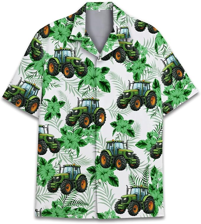 Green Tractor Hawaiian Shirt – Cartoon Farm Tractor Tropical Leaves Aloha Button Down | Farmer Dad Gift