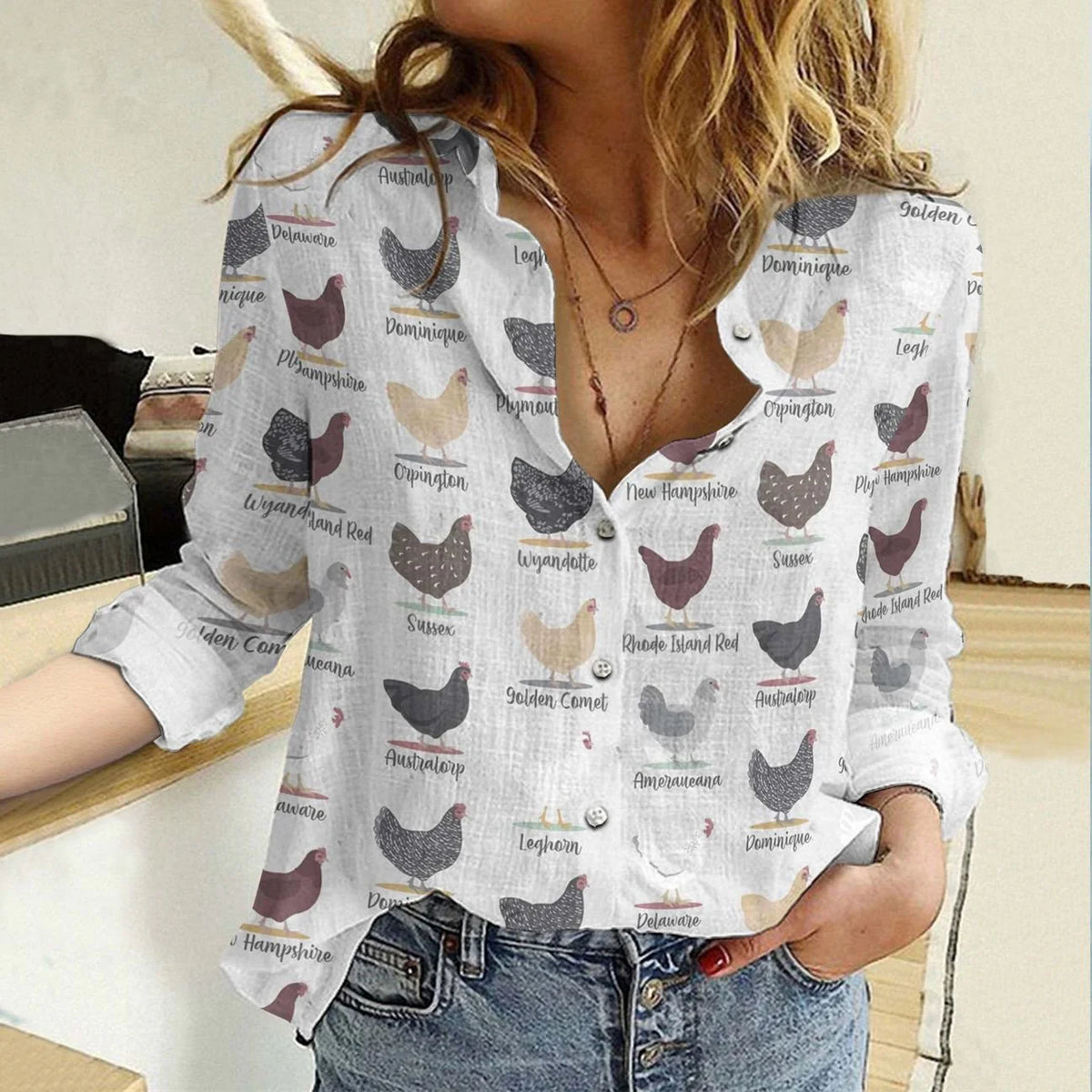 Chicken Breed Chart Women Casual Shirt — Educational Poultry Breed  Button Down Shirt For Chicken Keepers