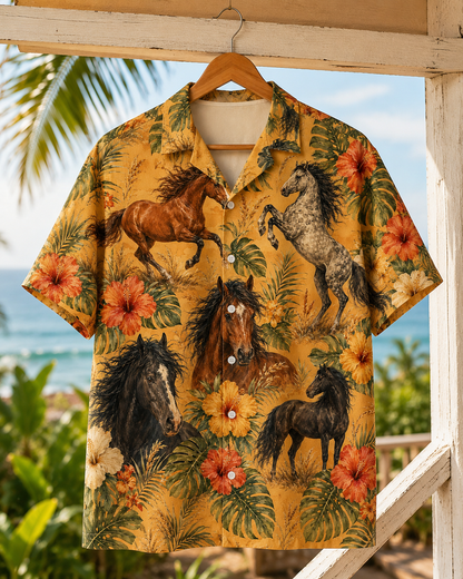 Wild Mustang Horse Tropical Hawaiian Shirt for Men & Women | Western Aloha Button Down Summer Beach Shirt