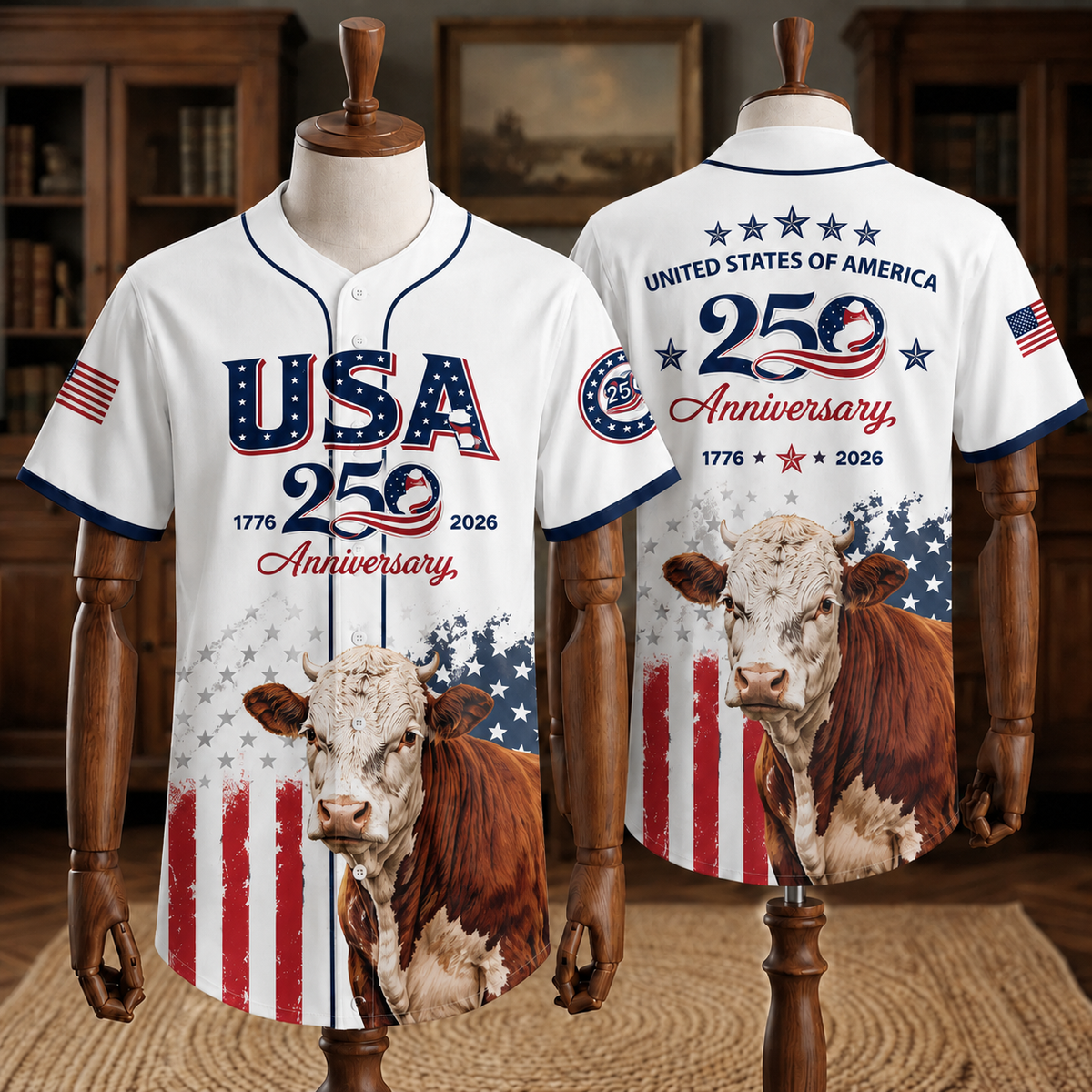 USA 250 Anniversary Hereford Cattle Baseball Jersey 2026 - Patriotic Cattle Rancher 4th of July Shirt - 1776-2026 Limited Edition