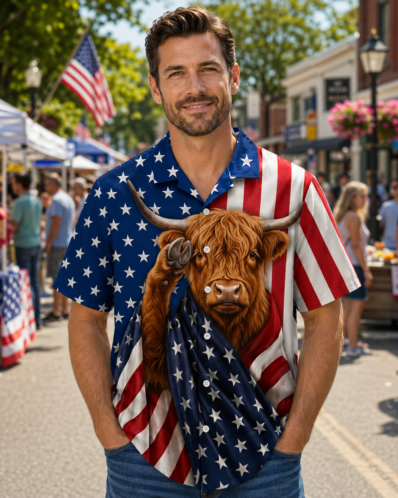Patriotic Highland Cow Hawaiian Shirt - 4th of July American Flag Shirt for Men & Women