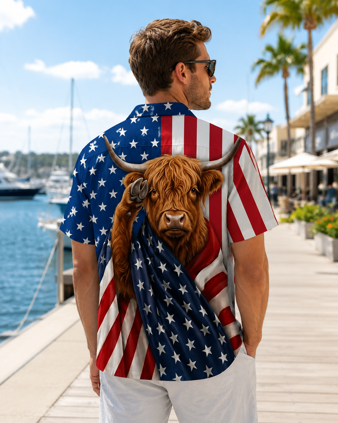 Patriotic Highland Cow Hawaiian Shirt - 4th of July American Flag Shirt for Men & Women