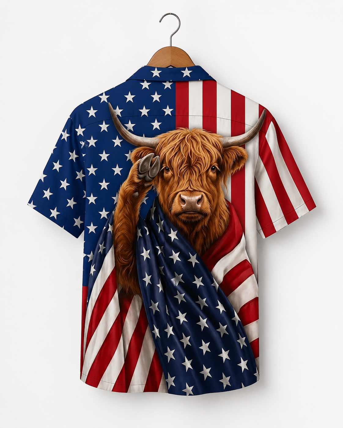 Patriotic Highland Cow Hawaiian Shirt - 4th of July American Flag Shirt for Men & Women