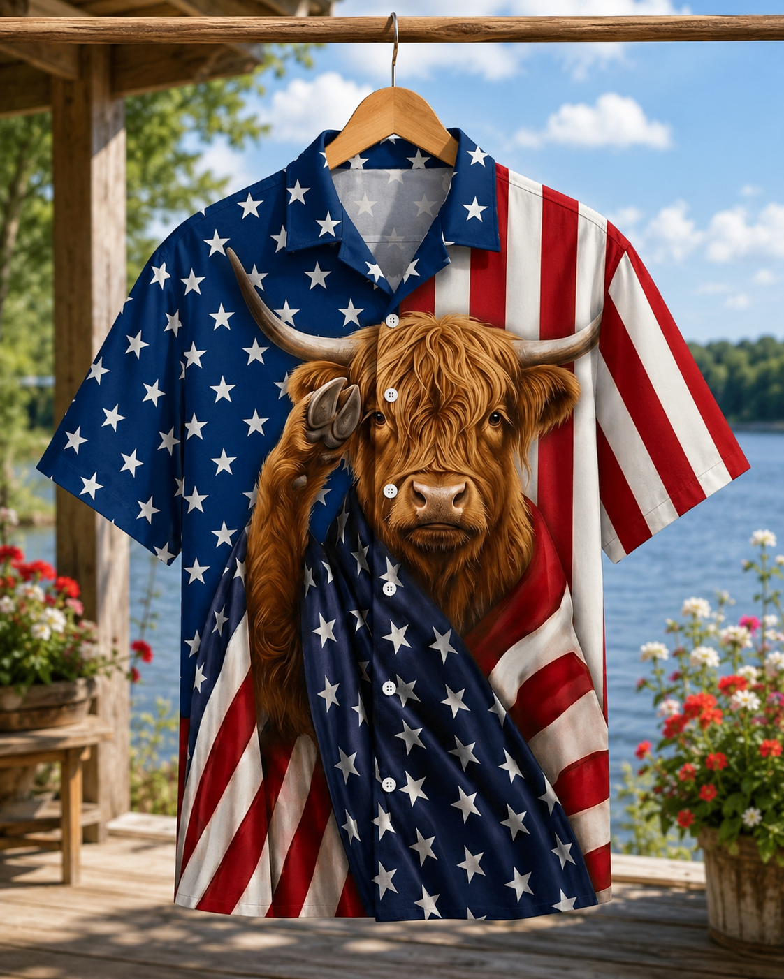 Patriotic Highland Cow Hawaiian Shirt - 4th of July American Flag Shirt for Men & Women
