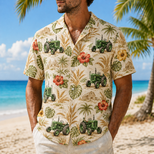 Green Tractor Hawaiian Shirt for Men, Vintage Tropical Floral Aloha Button-Up Summer Beach Shirt, Farmer Gift