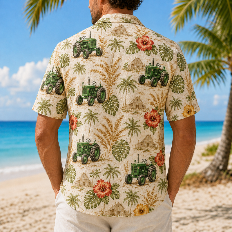 Green Tractor Hawaiian Shirt for Men, Vintage Tropical Floral Aloha Button-Up Summer Beach Shirt, Farmer Gift