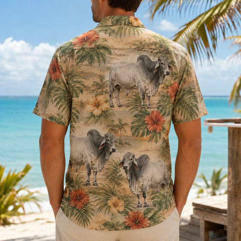 Brahman Cattle Hawaiian Shirt for Men, Vintage Tropical Floral Aloha Button-Up Summer Beach Shirt, Cattle Rancher Gift