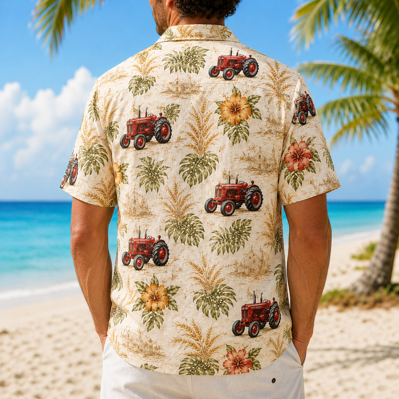 Vintage Tractor Hawaiian Shirt for Men, Tropical Floral Aloha Button-Up Summer Beach Shirt, Farmer Gift