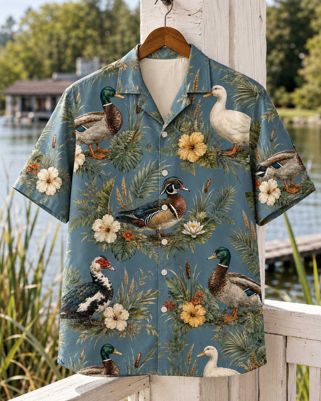 Vintage Duck Hawaiian Shirt - Dusty Lake Blue Heritage Waterfowl Aloha - Duck Hunter Lake House Gift for Men Women