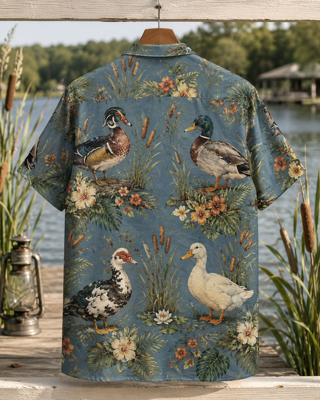 Vintage Duck Hawaiian Shirt - Dusty Lake Blue Heritage Waterfowl Aloha - Duck Hunter Lake House Gift for Men Women