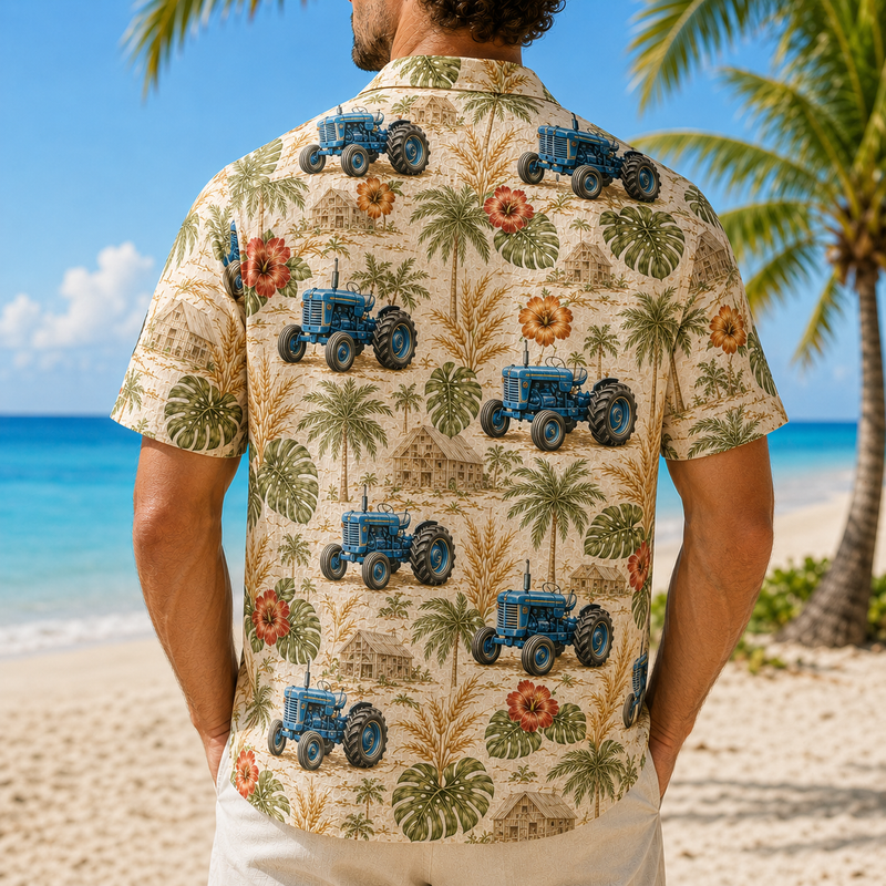 Blue Tractor Hawaiian Shirt for Men, Vintage Tropical Floral Aloha Button-Up Summer Beach Shirt, Farmer Gift