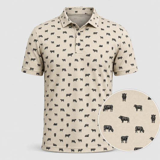 Black Angus Polo Shirt — All-Over Cattle Print Performance Golf Polo for Ranchers & Cattle Lovers