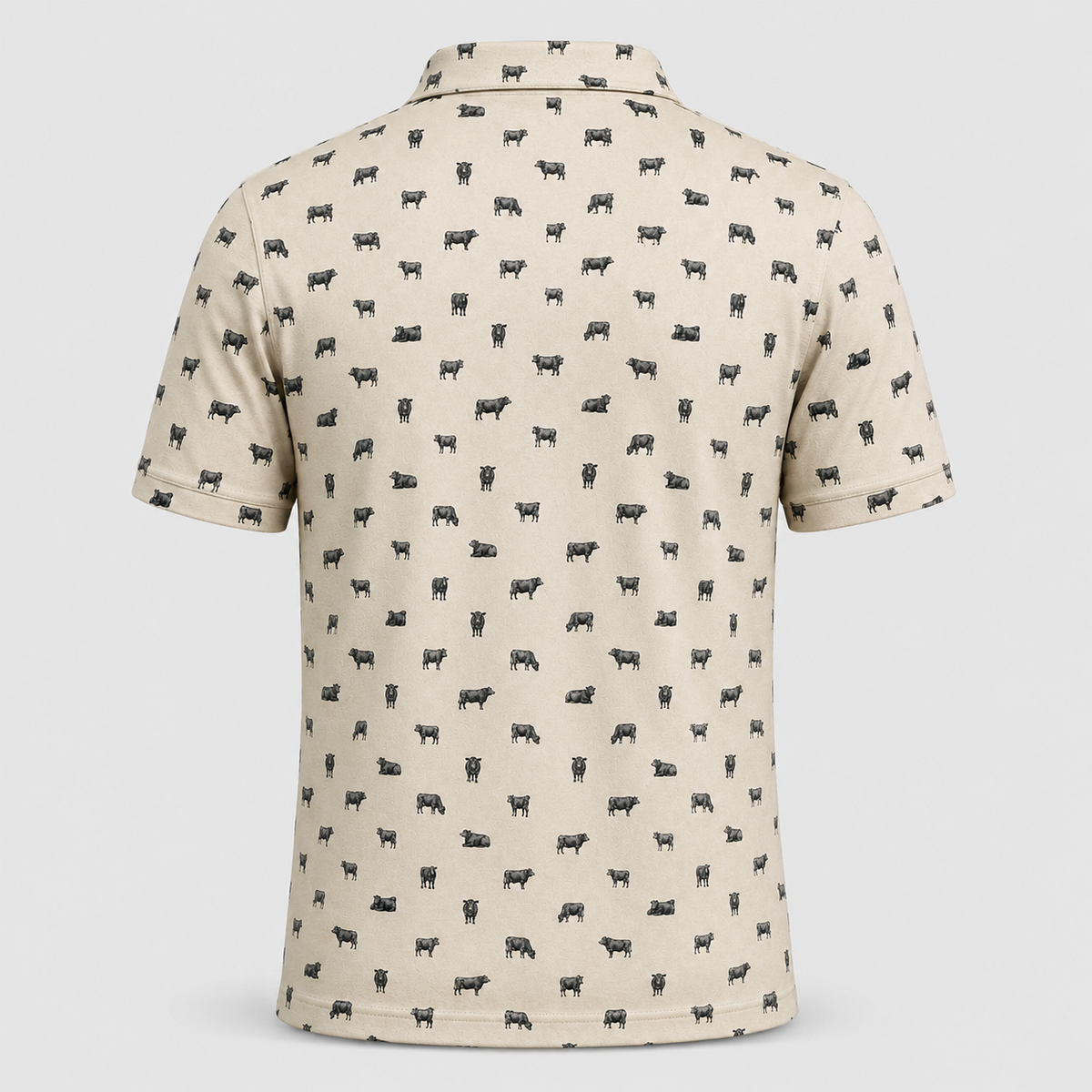 Black Angus Polo Shirt — All-Over Cattle Print Performance Golf Polo for Ranchers & Cattle Lovers
