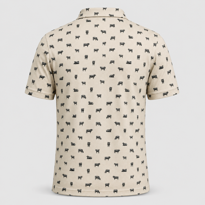 Black Angus Polo Shirt — All-Over Cattle Print Performance Golf Polo for Ranchers & Cattle Lovers