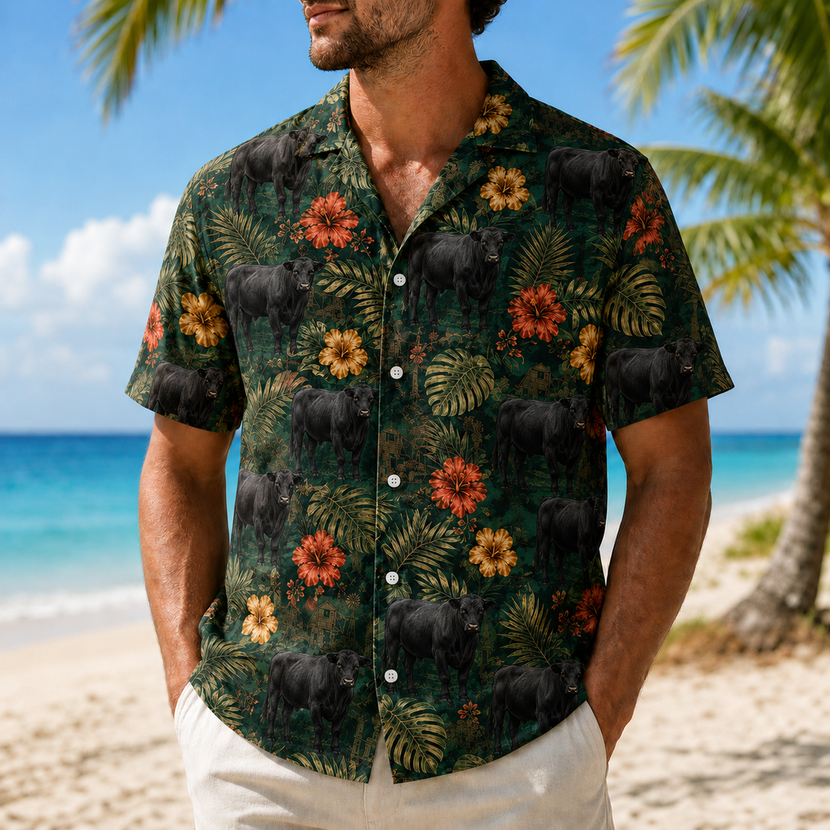 Black Angus Cattle Hawaiian Shirt for Men, Vintage Tropical Green Floral Aloha Button-Up Summer Beach Shirt, Cattle Rancher Gift