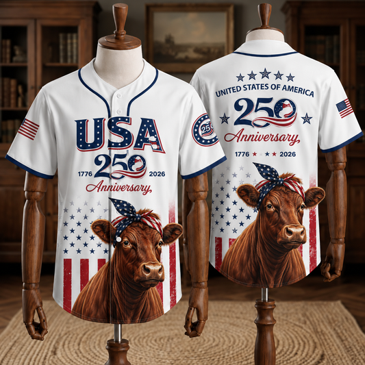 Red Angus Baseball Jersey, USA 250th Anniversary 1776-2026 Cow Shirt, 4th of July Patriotic Cattle Rancher Shirt, Gift for Red Angus Farmer Dad Grandpa Husband