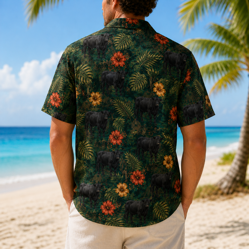 Black Angus Cattle Hawaiian Shirt for Men, Vintage Tropical Green Floral Aloha Button-Up Summer Beach Shirt, Cattle Rancher Gift