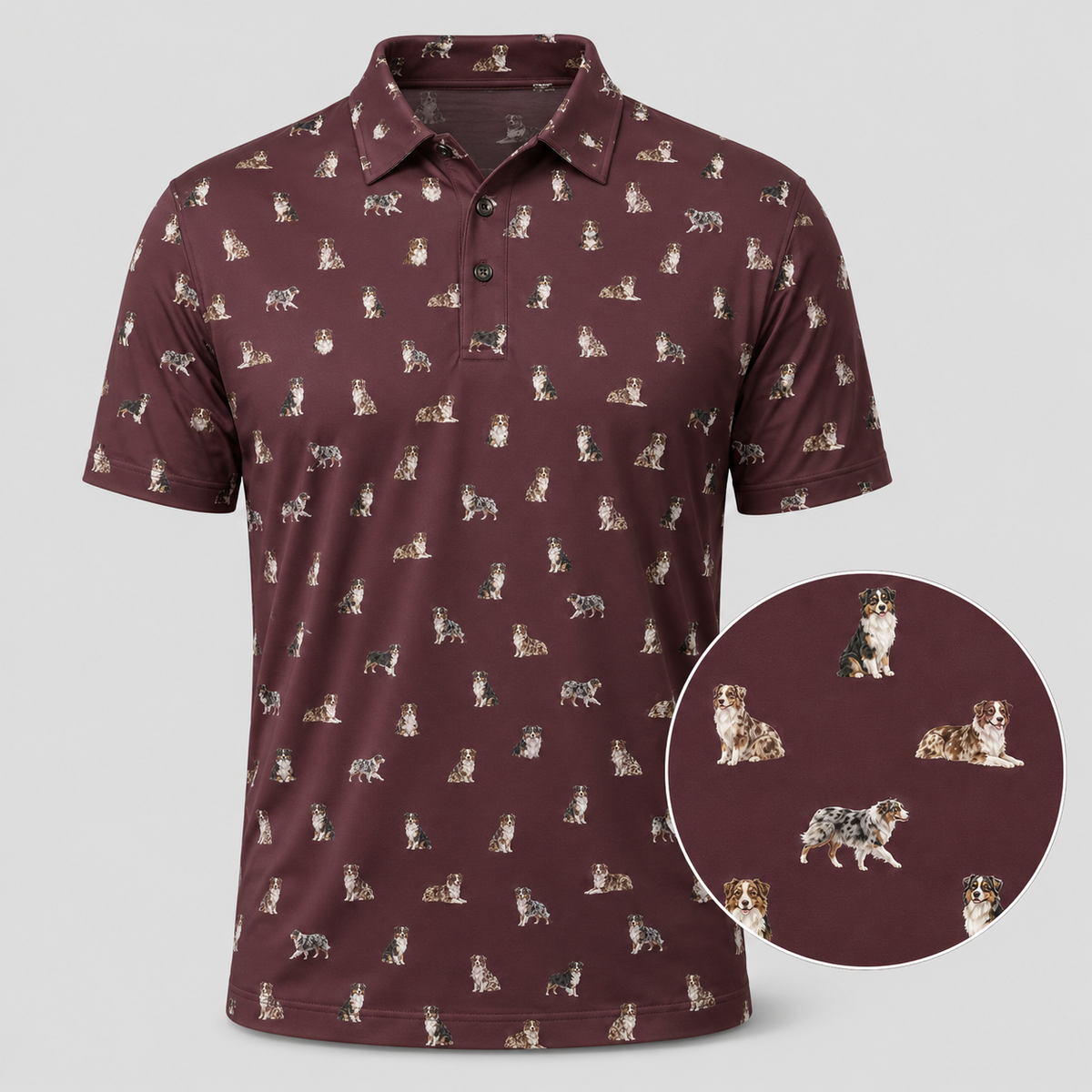 Australian Shepherd Polo Shirt — All-Over Aussie Print Performance Golf Polo for Dog Lovers
