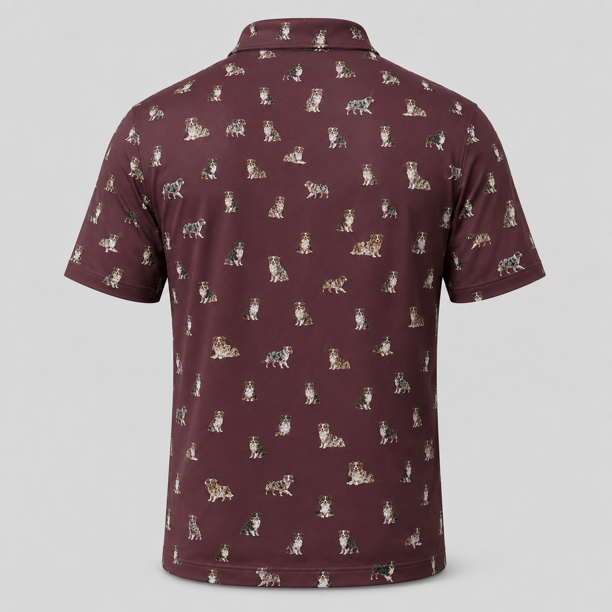 Australian Shepherd Polo Shirt — All-Over Aussie Print Performance Golf Polo for Dog Lovers