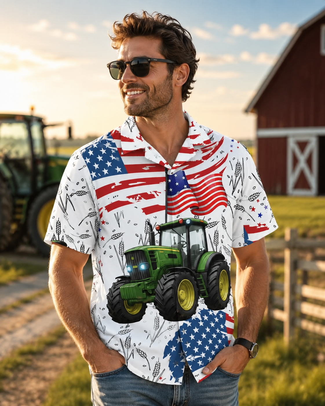 Patriotic Green Tractor Hawaiian Shirt - 4th of July American Flag Farmer Unisex Button-Up