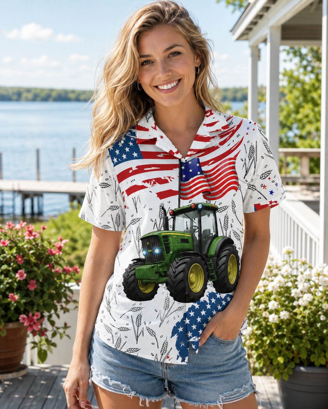 Patriotic Green Tractor Hawaiian Shirt - 4th of July American Flag Farmer Unisex Button-Up