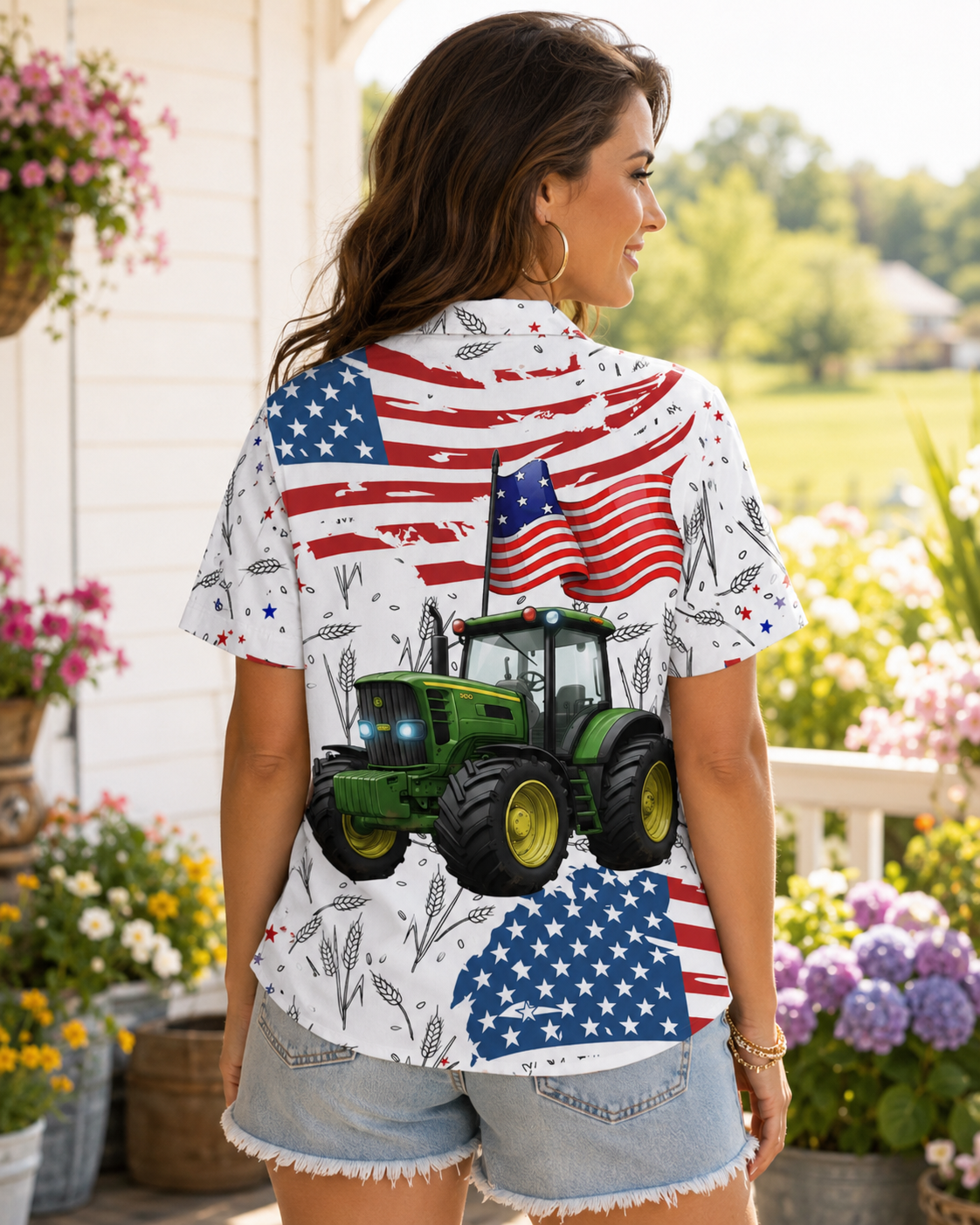 Patriotic Green Tractor Hawaiian Shirt - 4th of July American Flag Farmer Unisex Button-Up