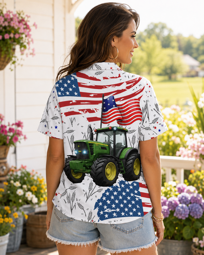 Patriotic Green Tractor Hawaiian Shirt - 4th of July American Flag Farmer Unisex Button-Up