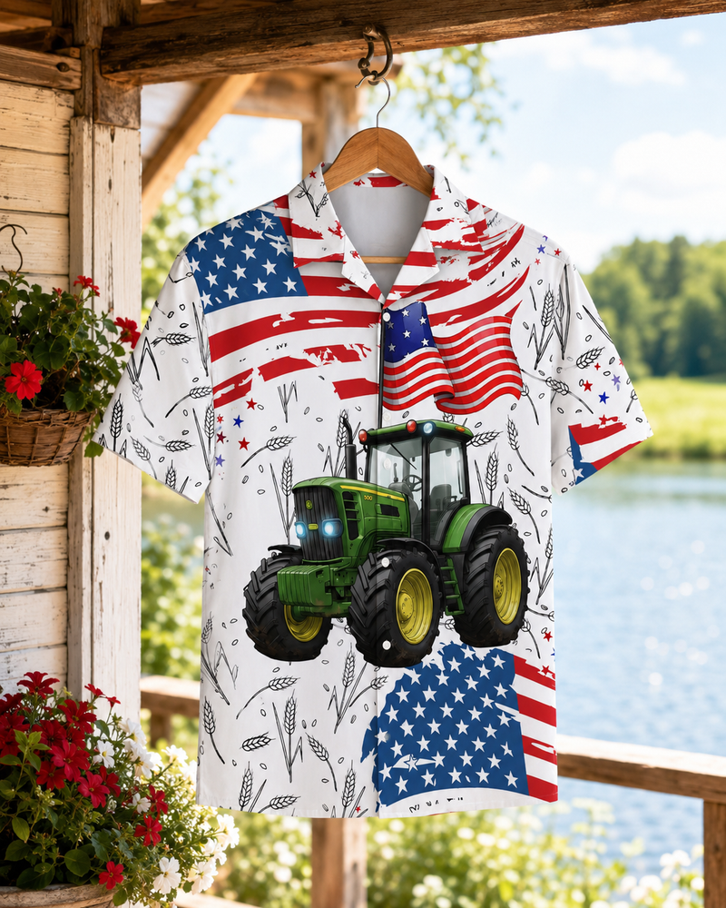 Patriotic Green Tractor Hawaiian Shirt - 4th of July American Flag Farmer Unisex Button-Up