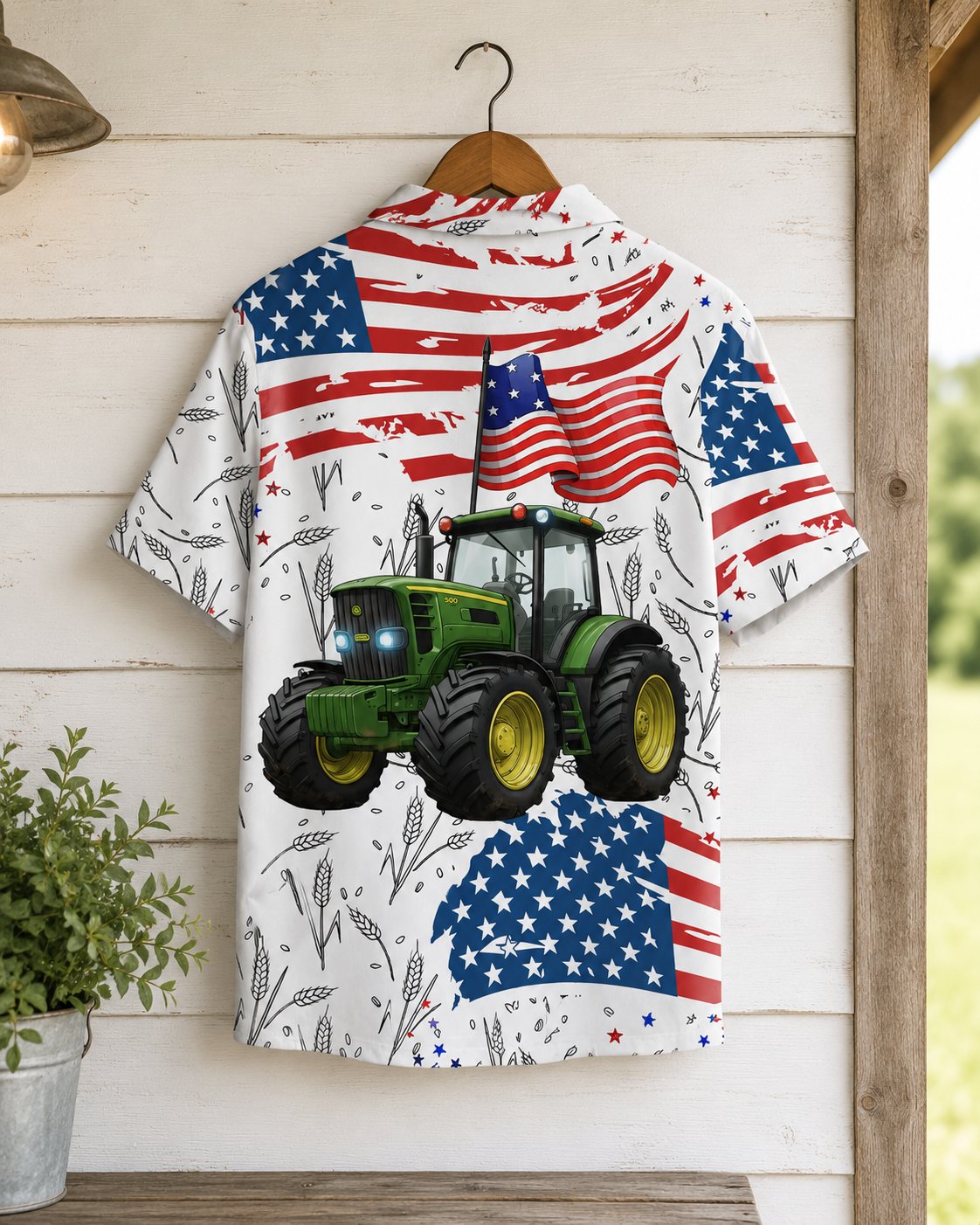 Patriotic Green Tractor Hawaiian Shirt - 4th of July American Flag Farmer Unisex Button-Up