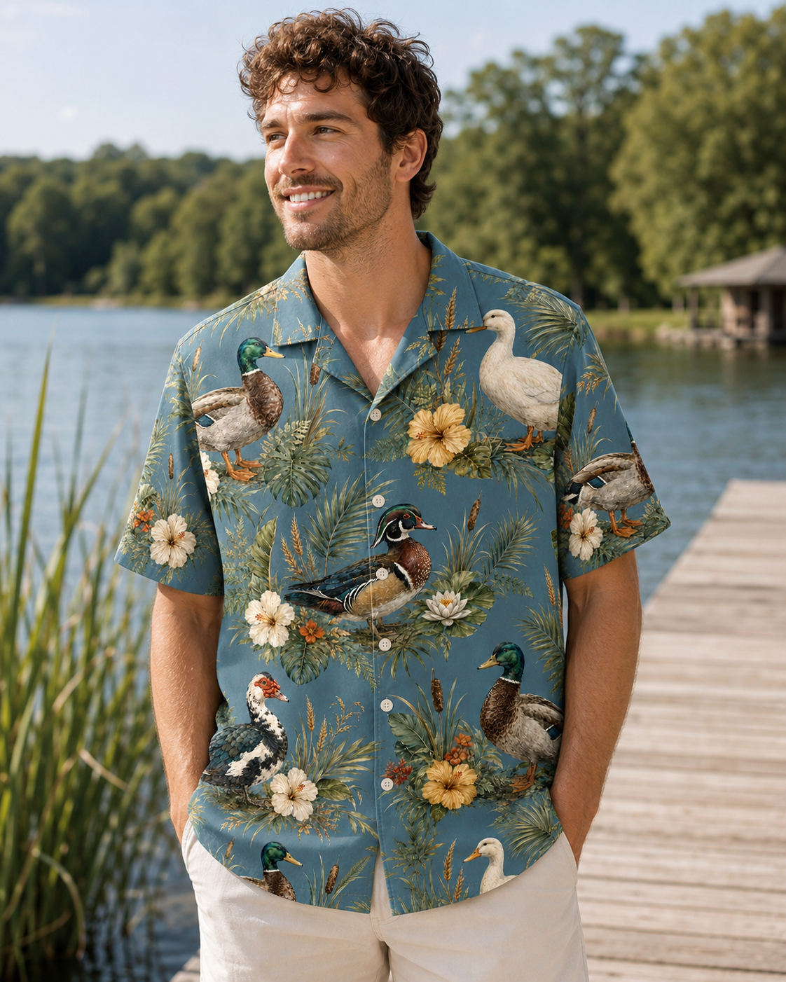 Vintage Duck Hawaiian Shirt - Dusty Lake Blue Heritage Waterfowl Aloha - Duck Hunter Lake House Gift for Men Women
