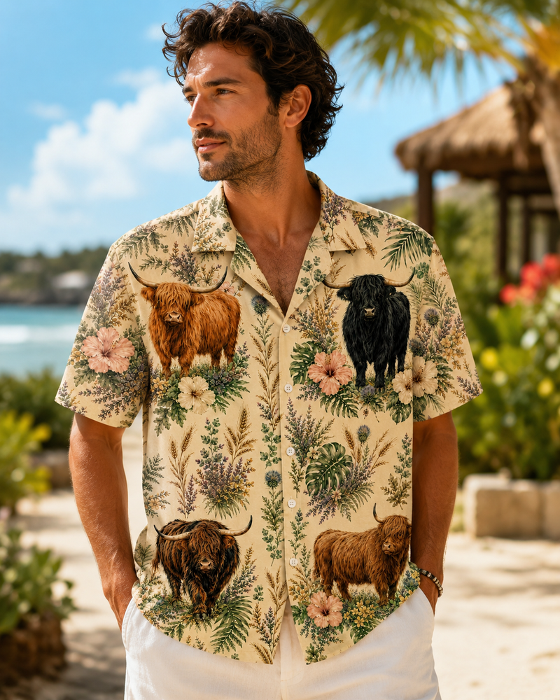 Vintage Highland Cow Hawaiian Shirt - Cream Heritage Cottagecore Aloha - Highland Cow Lover Gift for Men Women